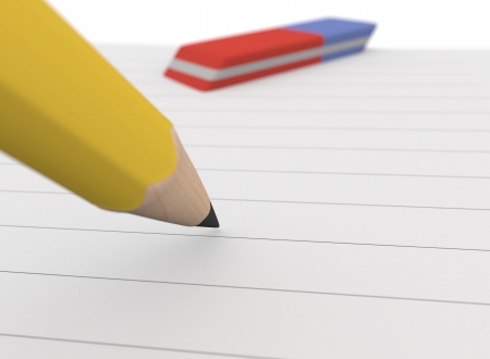 close up view of a pencil and an eraser on a paper sheet (3d render)の写真素材