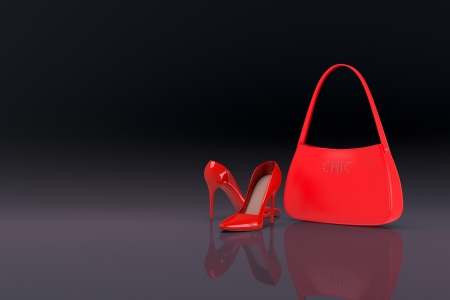 women's shoes and bag on dark background (3d render)の写真素材