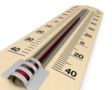 close up view of an analog thermometer with scale on celsius and fahrenheit (3d render)の写真素材