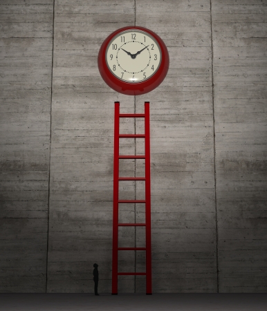 one high wall with a stair and a big wall clock, with a human silhouette, concept of deadline or the passing time (3d render)の写真素材