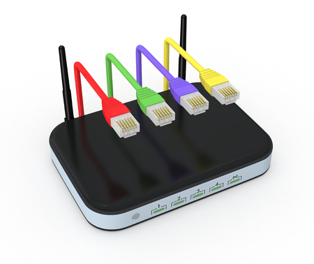 one modem router with network cables (3d render)の写真素材