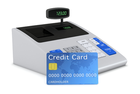 one cash register with a credit card (3d render)の写真素材