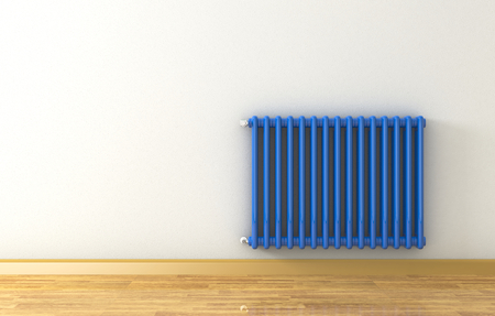 sunny room with a blue radiator on a grey wall (3d render)の写真素材