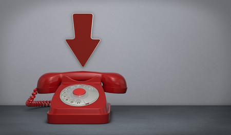 one empty room with a big telephone and an arrow pointing to it (3d render)の写真素材