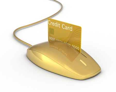 one mouse with a slot and a credit card, concept of online payment (3d render)の写真素材
