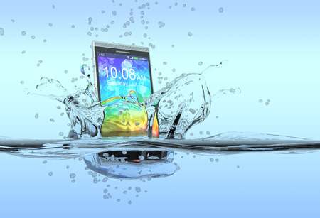 one smartphone that falls in the water with splashes around it, concept of waterproof product  3d render の写真素材