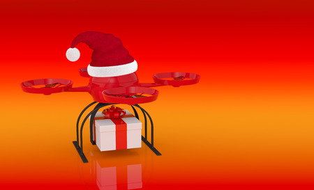 one drone or quadcopter with a Christmas hat and a gift box (3d render)の写真素材