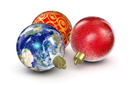 close up view of three christmas balls, one of them has an earth map texture (3d render) - Elements of this image furnished by NASAの写真素材
