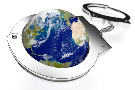 one earth globe with handcuffs, concept of lack of freedom or oppression (3d render)の写真素材