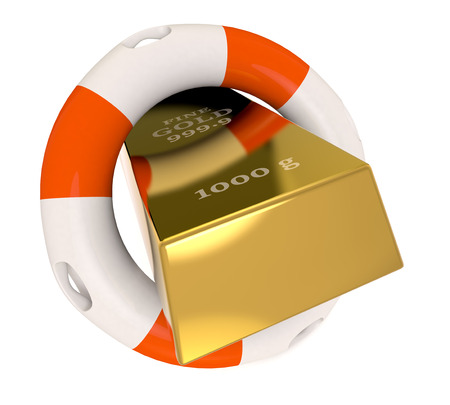 close up view of a gold bar with a lifebelt, concept of protecting your investment (3d render)の写真素材