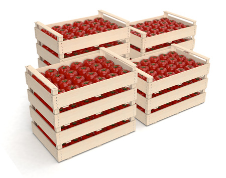 stacks of crates of tomato on white background (3d render)の写真素材