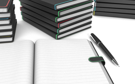 close up view of a paper notebook with blank pages, a pen, some stacks of paper notebooks on white background (3d render)の写真素材