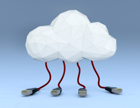 one stylized cloud made with the tecnique of lowpoly modeling, with network cables connected to it, blue background (3d render)の写真素材