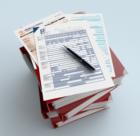 top view of a stack of office file folders with forms for italian taxes and a pen (3d render)の写真素材