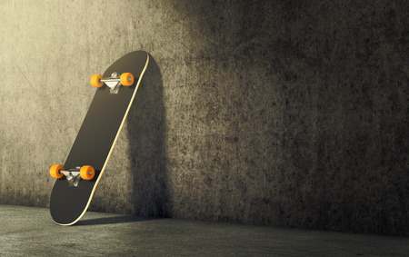 a skateboard leaning against wall, empty space at the right for custom text (3d render)の写真素材