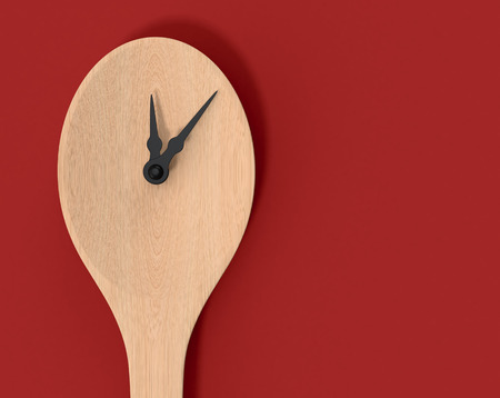 close-up view of a wooden spoon with clock hands and empty space at the right (3d render)の写真素材