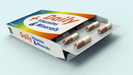 close-up view of a box of pills. vitamins and minerals (3d render)の写真素材