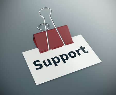 close up view of a paper clip with a business card and text: support (3d render)の写真素材