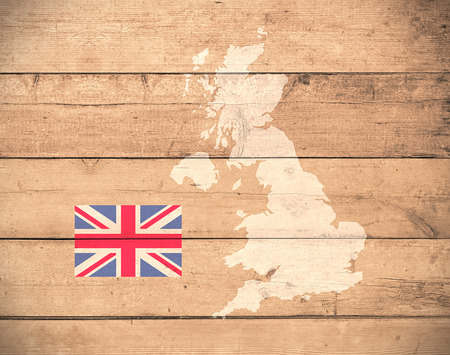 map of United Kingdom with flag on wooden background (3d render)の写真素材