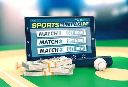 tablet pc with app for sport bets, stacks of banknotes,  baseball ball and bat, concept of online bets (3d render)の写真素材