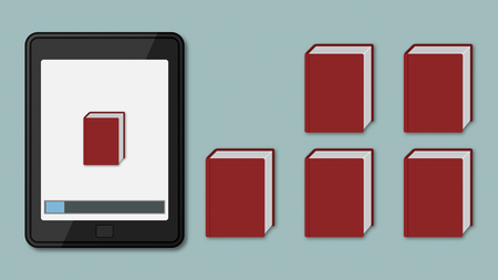 ebook reader with some red books, on of them is stored in the device memoryの写真素材
