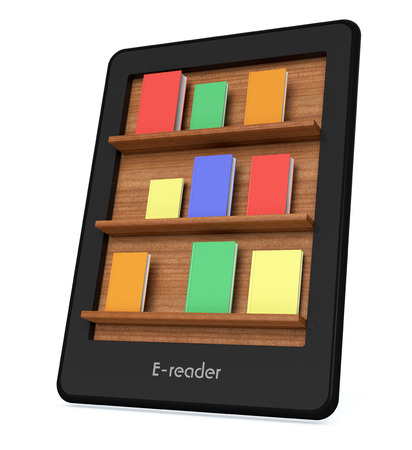 ebook reader with a book shelf on the screen and some colorful books (3d render)の写真素材