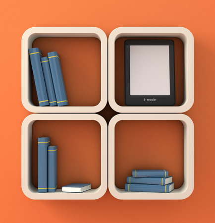 modern bookshelf with some books and an ebook reader (3d render)の写真素材