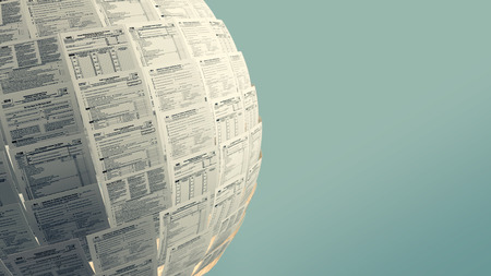 one sphere made with Usa tax forms with empty space at the right (3d render)の写真素材