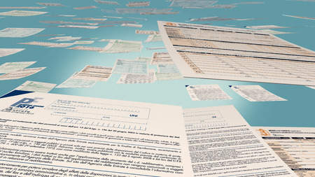 several italian tax forms flying (3d render)の写真素材