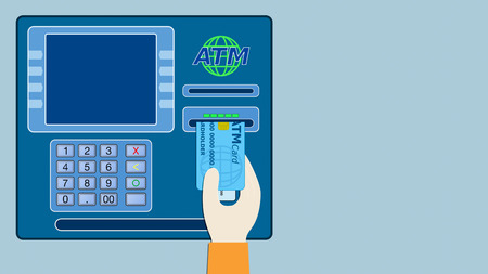 front view of an atm panel with a a hand that inserts the card on the slot, empty space on the screen and at rightの写真素材