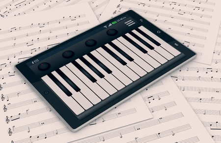 closeup view of a tablet pc with a piano app, and some sheets music on background, concept of music and technology (3d render)の写真素材