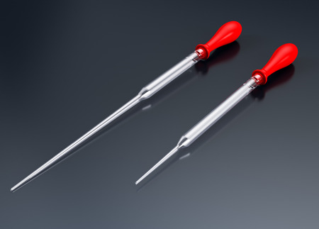 two pipettes of different sizes on dark background (3d render)の写真素材
