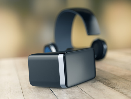 virtual reality headset on a wooden surface (3d render)の写真素材
