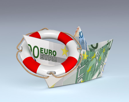 one paper boat made with euro banknotes, and a lifebelt, concept of safety (3d render)の写真素材