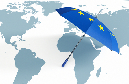 one umbrella made with the Europe flag and a world map, concept of world security (3d render)の写真素材