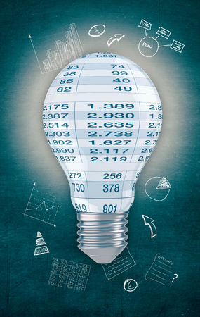 light bulb as puzzle shape with financial sheet and charts, dark background, concept of business solution (3d render)の写真素材