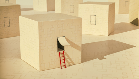 some boxes, one of them is open and has a ladder, concept of solution, freedom, or thinking outside the box (3d render)の写真素材