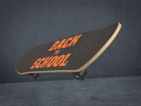 top view of a skateboard with text: back to school, grunge background (3d render)の写真素材