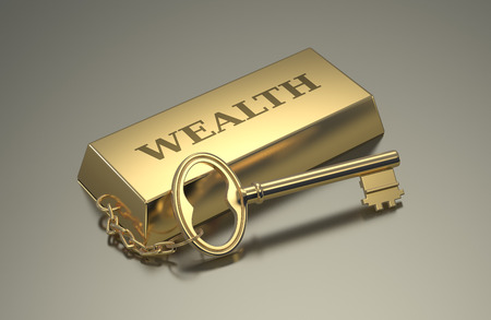 one gold bar keyring with text: wealth (3d render)の写真素材