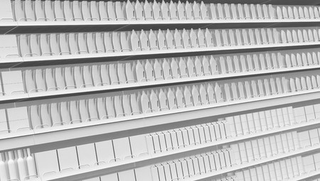 close up view of shelves full of products, white background (3d render)の写真素材