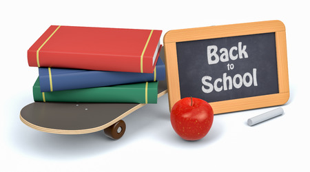 skateboard, books and a small blackboard with text: back to school, white background (3d render)の写真素材