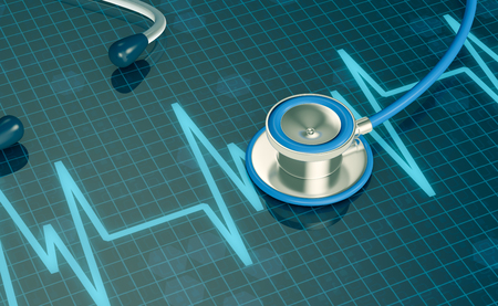top view of an ecg display with a stethoscope, concept of heart health (3d render)の写真素材