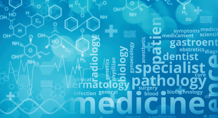 blue background with medical and chemical symbols の写真素材