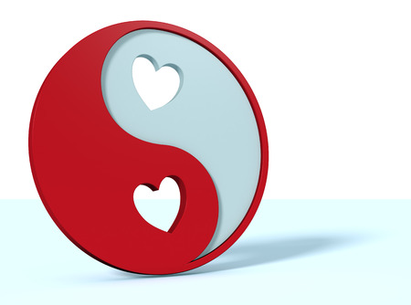 yin and yang symbol with hearts, white background (3d render)の写真素材