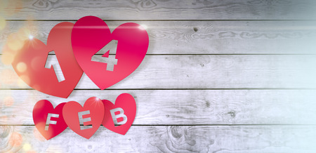 red paper hearts with text; 14 feb on wooden floor, valentines card (3d render)の写真素材
