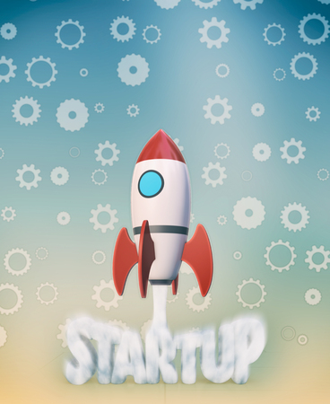 the launch of a rocket with cogwheels on background, concept of startup (3d render)の写真素材