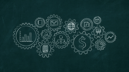 chalkboard with gears and business and finance symbols (3d render)の写真素材