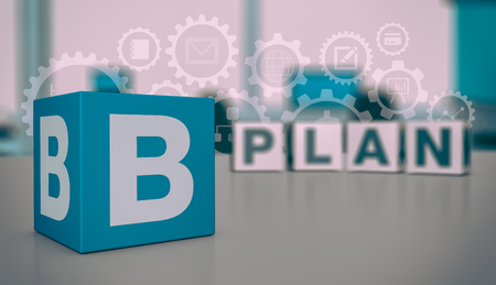 row of dices with text: plan b, concept of different strategy and solution, office interior and gears on background (3d render)の写真素材