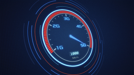 futuristic speedometer with the pointer on 5G technology, concept of fast mobile network (3d render)の写真素材