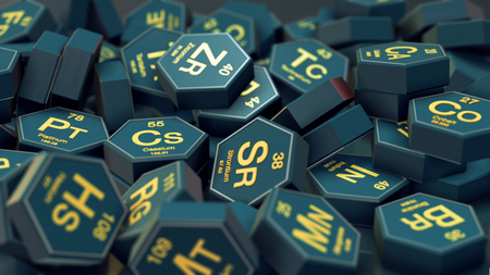 close up view of a pile of hexagons with chemical elements symbols (3d render)の写真素材
